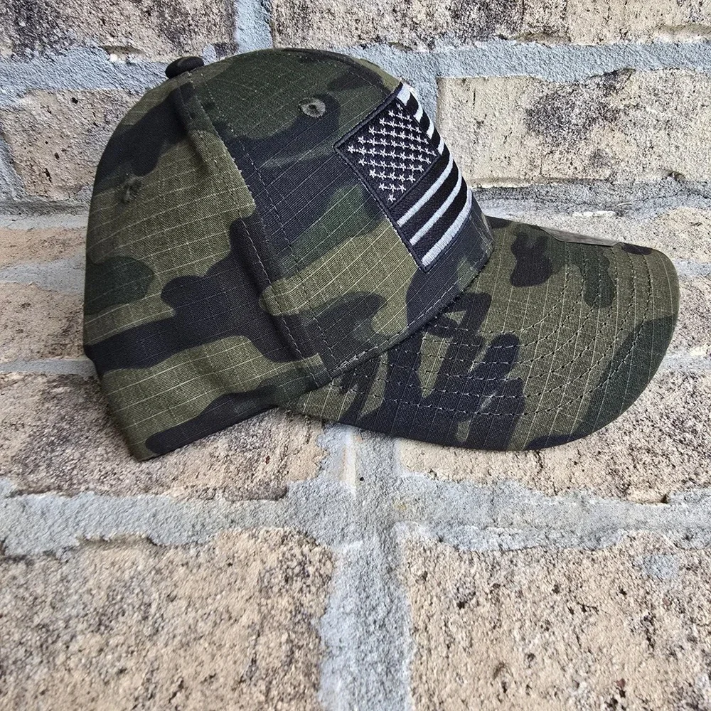 Runs Deep Mens Camo American Flag Patch Snapback Hat Tactical Ripstop Cap Green